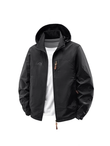 Men's black hooded outdoor jacket with windproof fabric and mountain print logo