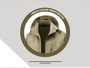 Detail of khaki men's hooded jacket featuring a stand collar and fearless label