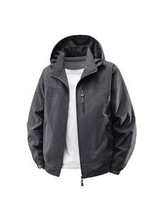 Men's outdoor hooded waterproof jacket in dark grey with multiple zip pockets for hiking