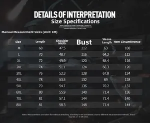 Detailed size chart for men's winter jacket showing measurements from M up to 8XL plus sizes