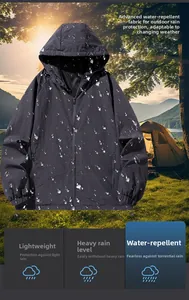 Waterproof detail of a dark grey men's hooded jacket showing rain droplets on fabric