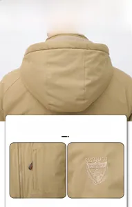 Detail of khaki men's fleece jacket showing detachable hood and outdoor embroidery