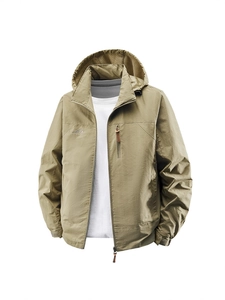 Men's khaki waterproof outdoor hooded jacket with windproof fabric and zipped pockets