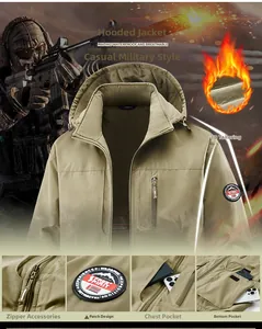Detail view of khaki tactical jacket featuring waterproof fabric and multi-pocket design