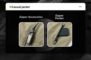 Close-up of durable metal zipper and pocket detail on khaki outdoor jacket