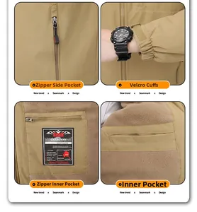 Detail view of khaki waterproof outdoor jacket with warm brown fleece lining and pockets