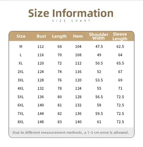Size chart table for men's outdoor jacket from M to 8XL with detailed measurements