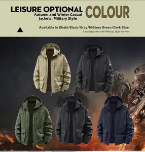 Detailed view of military style hooded jackets in five colors with sleeve badge and pockets
