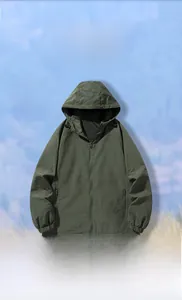 Detail view of military green windbreaker showing high-density windproof fabric texture