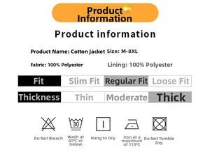 Detailed size and care chart for men's winter fleece jacket in 100% polyester fabric