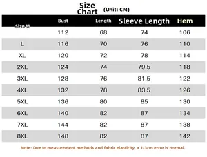 Size chart for winter fleece jacket showing chest and length measurements from M to 8XL