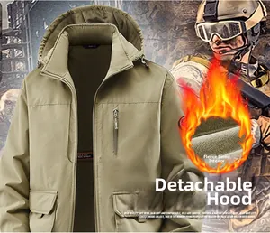 Tactical fleece-lined khaki jacket detail showing the functional detachable hood design