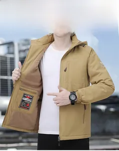 Detailed view of khaki fleece-lined jacket featuring a hood and functional zippers