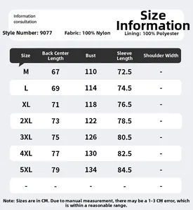 Detailed size guide table for unisex sun protection jacket showing measurements in centimeters