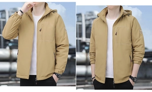 Detail view of khaki outdoor jacket featuring windproof collar and tactical arm patch