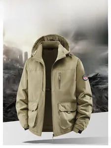 Detail of khaki fleece lined jacket with hooded collar and large tactical cargo pockets