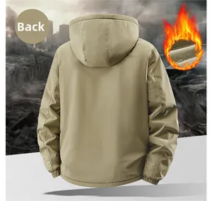 Back view of men's khaki fleece lined hooded jacket with elastic cuffs and thermal lining