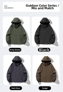 Detailed grid view of waterproof hooded jackets in army green, black, grey, and khaki colors