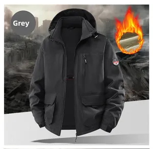 Close-up of grey hooded jacket with warm fleece lining and multiple utility pockets