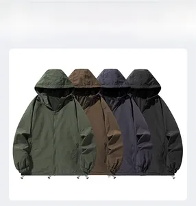 Mens hooded windbreaker jackets in dark green, coffee, navy, and charcoal black colors