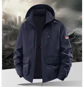 Detail of blue men fleece-lined jacket with hooded design and utility cargo pockets