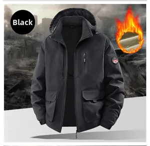 Detail of black hooded jacket with windproof fabric and warm grey fleece lining