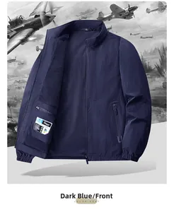 Detail of navy blue windproof jacket featuring a secure inner zipper pocket and stand collar