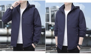 Detail of navy blue hooded outdoor jacket featuring windproof zippers and stand collar