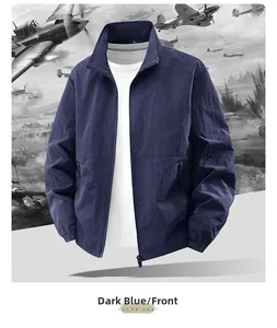 Detailed front view of navy blue outdoor windbreaker with zipper pockets and stand-up collar