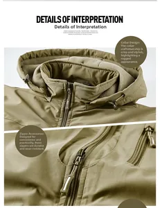 Detailed view of durable khaki tactical jacket with fleece lining and zipper closure