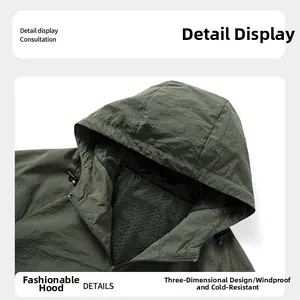 Detail of hooded sun protection jacket with breathable mesh lining and adjustable drawstring