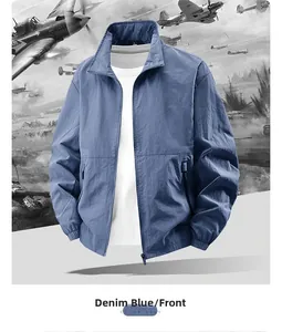 Detail of denim blue lightweight outdoor jacket with zip pockets and stand collar
