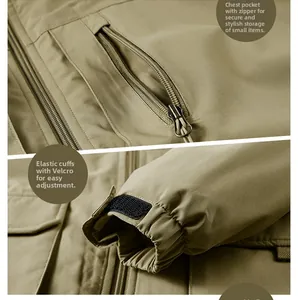 Detail of khaki tactical jacket showing zippered chest pocket and adjustable velcro cuffs