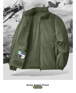 Detail of army green windbreaker featuring stand collar and breathable mesh lining