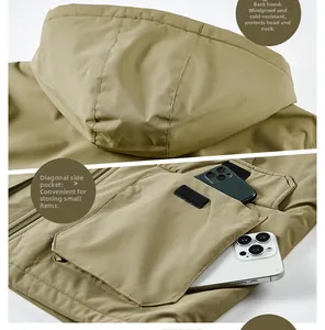 Detail of khaki windproof jacket with spacious hood and large side pockets