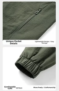 Detail of military green jacket showing personalized zipper pockets and elastic cuffs