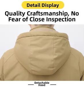 Detail view of khaki jacket showing detachable hood design with warm fleece lining