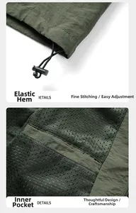 Detail of olive green sun protection jacket with elastic hem and breathable mesh lining