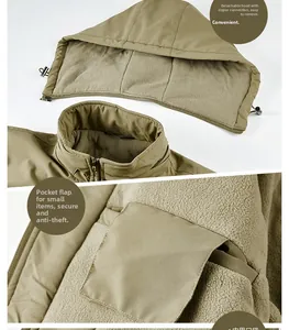 Detail of khaki outdoor jacket showing detachable hood zipper and security pockets with fleece