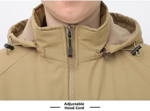 Detail of khaki outdoor jacket showing hooded neckline with adjustable elastic drawstring
