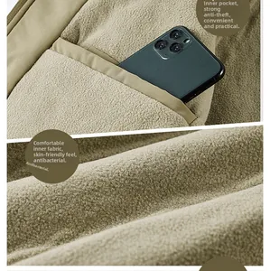Detail view of khaki fleece lining with an inner security pocket for smartphone storage