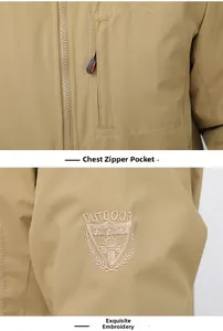 Detail of khaki outdoor jacket showing chest zipper pocket and exquisite embroidery