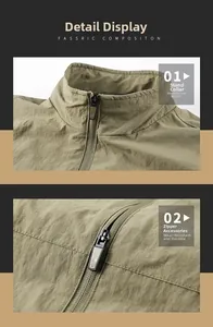 Detail of army green outdoor jacket featuring a high stand collar and metal zipper hardware