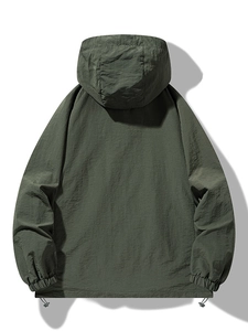 Unisex olive green hooded sun protection jacket with adjustable drawstring and windproof fabric