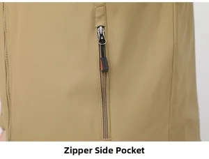 Detail of khaki outdoor jacket with vertical zippered side pocket and sports puller
