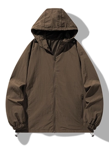 Men's hooded sun protection jacket in coffee brown featuring water-resistant fabric
