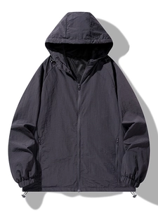 Mens dark grey hooded sun protection jacket with adjustable drawstrings and zip pockets