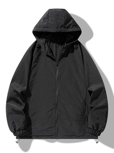 Unisex black hooded sun protection jacket with adjustable drawstrings and zip closure