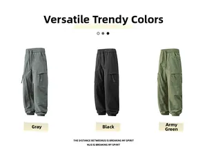 Detailed comparison of gray, black, and army green cargo pants with drawstring and pockets