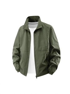 Men's outdoor windbreaker jacket in army green with stand collar and zip closure
